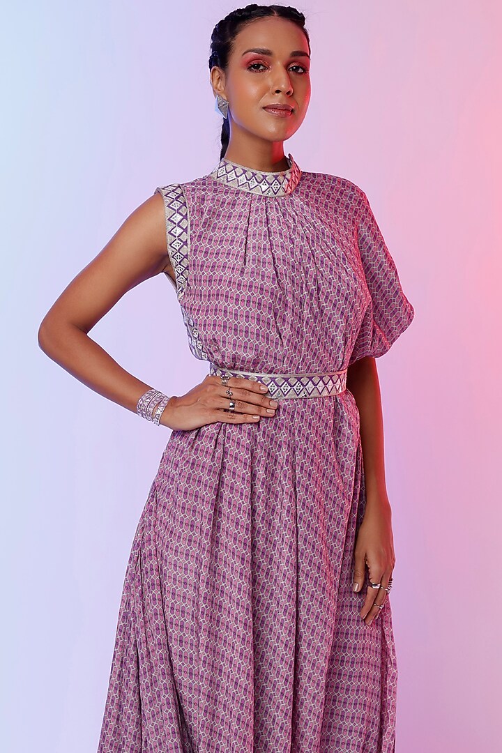 Lilac Printed Draped Vacation Dress by SVA BY SONAM & PARAS MODI at Pernia's Pop Up Shop