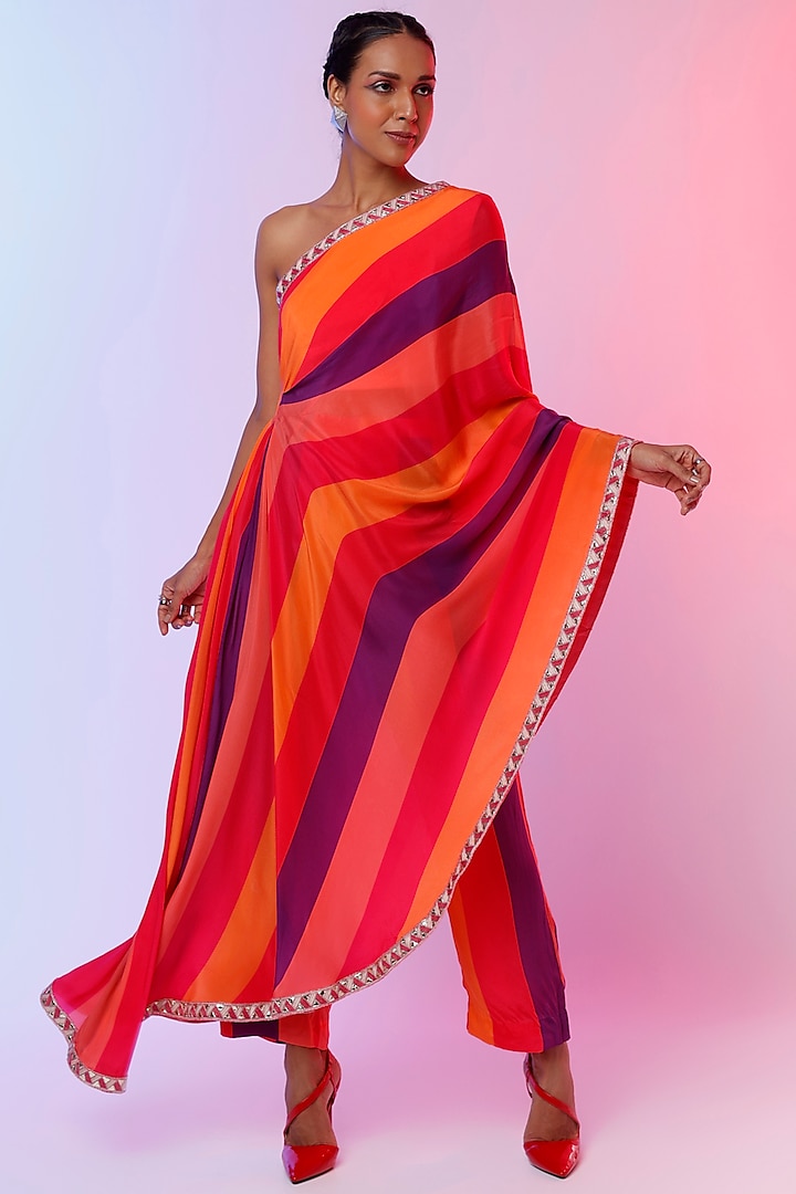 Red Crepe Silk Stripe Printed Pant Saree Set by SVA BY SONAM & PARAS MODI