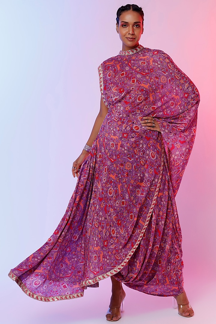 Purple Crepe Silk Printed & Embroidered Draped Saree Set by SVA BY SONAM & PARAS MODI
