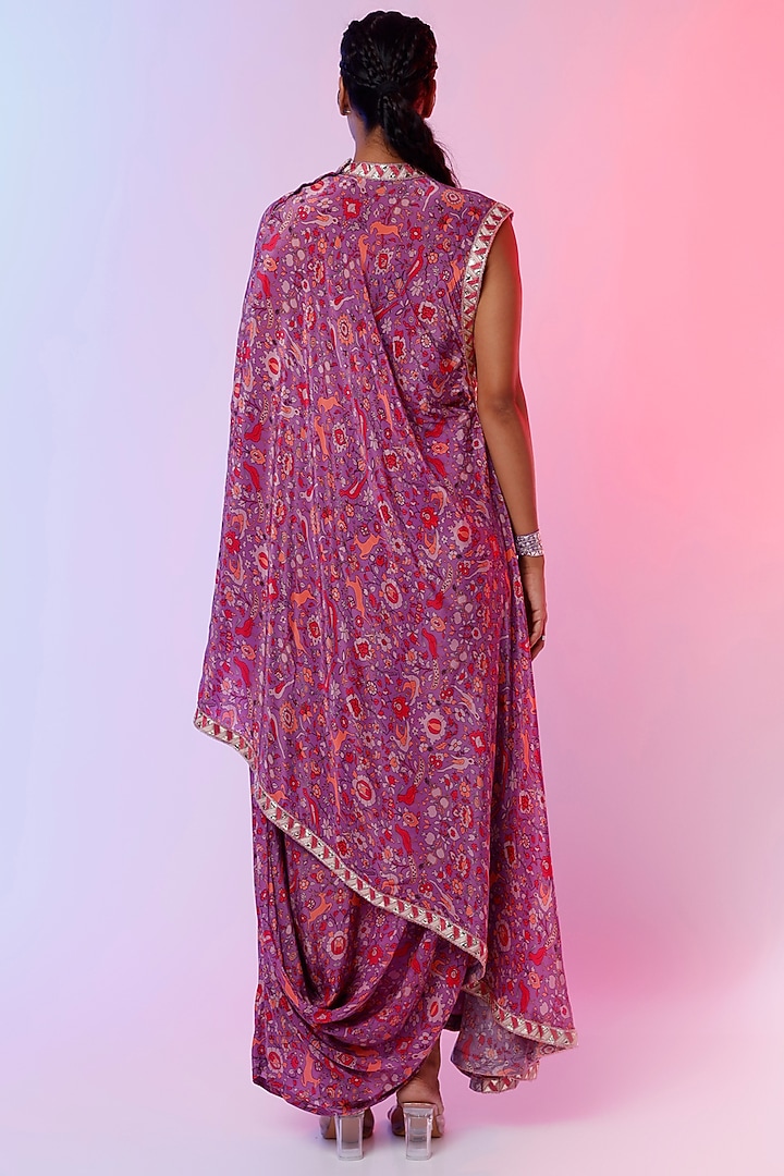 Purple Crepe Silk Printed & Embroidered Draped Wedding Saree Set by SVA BY SONAM & PARAS MODI at Pernia's Pop Up Shop