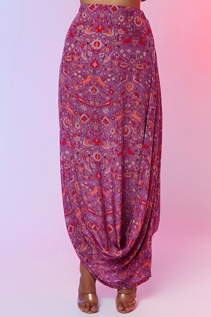 Purple Crepe Silk Printed & Embroidered Draped Wedding Saree Set by SVA BY SONAM & PARAS MODI at Pernia's Pop Up Shop