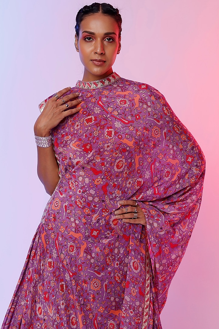 Purple Crepe Silk Printed & Embroidered Draped Wedding Saree Set by SVA BY SONAM & PARAS MODI at Pernia's Pop Up Shop