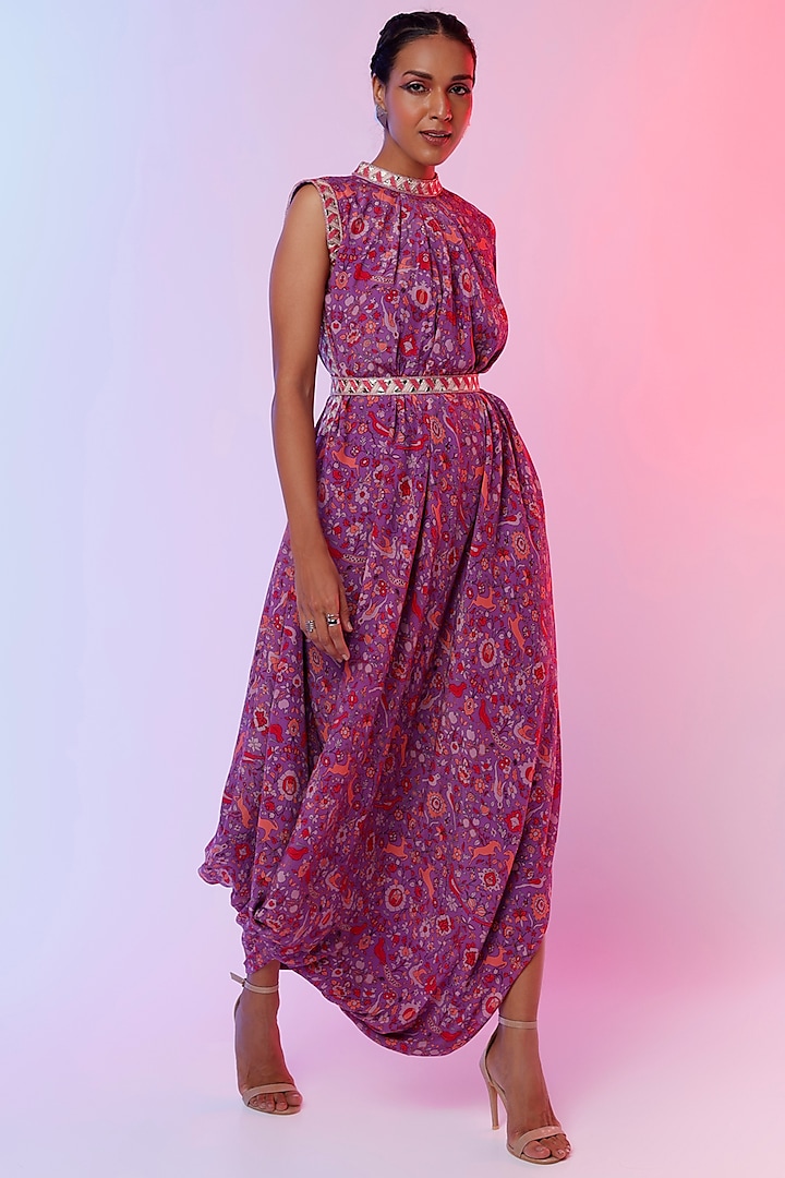 Purple Printed Draped Dress by SVA BY SONAM & PARAS MODI