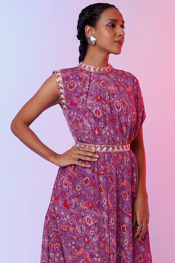 Purple Printed Draped Vacation Dress by SVA BY SONAM & PARAS MODI at Pernia's Pop Up Shop
