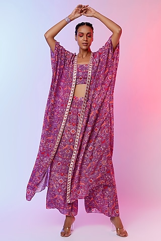 Purple Printed Cape Jacket Set by SVA BY SONAM & PARAS MODI