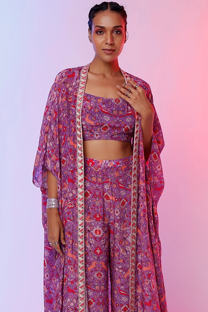 Purple Printed Cape Jacket Set by SVA BY SONAM & PARAS MODI at Pernia's Pop Up Shop