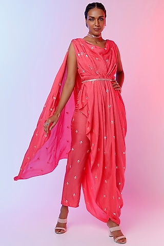 Coral Embellished Tunic Set by SVA BY SONAM & PARAS MODI