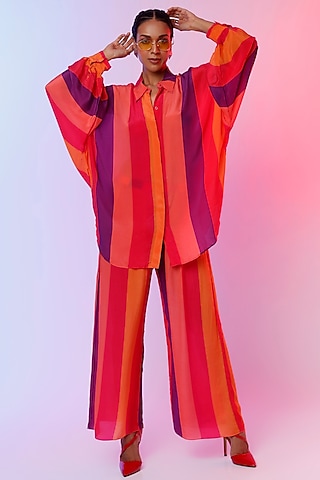 Red Striped Shirt Tunic Set by SVA BY SONAM & PARAS MODI