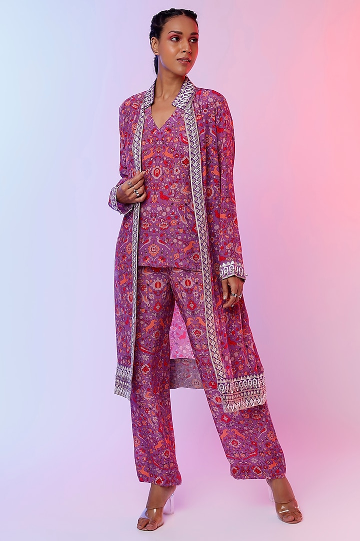 Purple Printed & Embellished Jacket Set by SVA BY SONAM & PARAS MODI