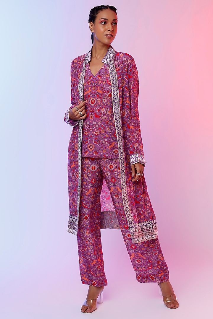 Purple Printed & Embellished Jacket Set by SVA BY SONAM & PARAS MODI at Pernia's Pop Up Shop