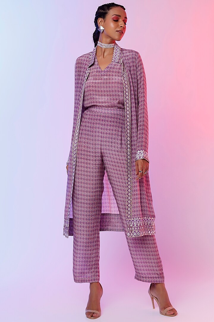 Lilac Printed & Embellished Jacket Set by SVA BY SONAM & PARAS MODI