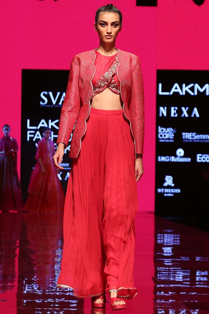 Strawberry Pink Embroidered Blouse With Palazzo Pants & Jacket by SVA BY SONAM & PARAS MODI