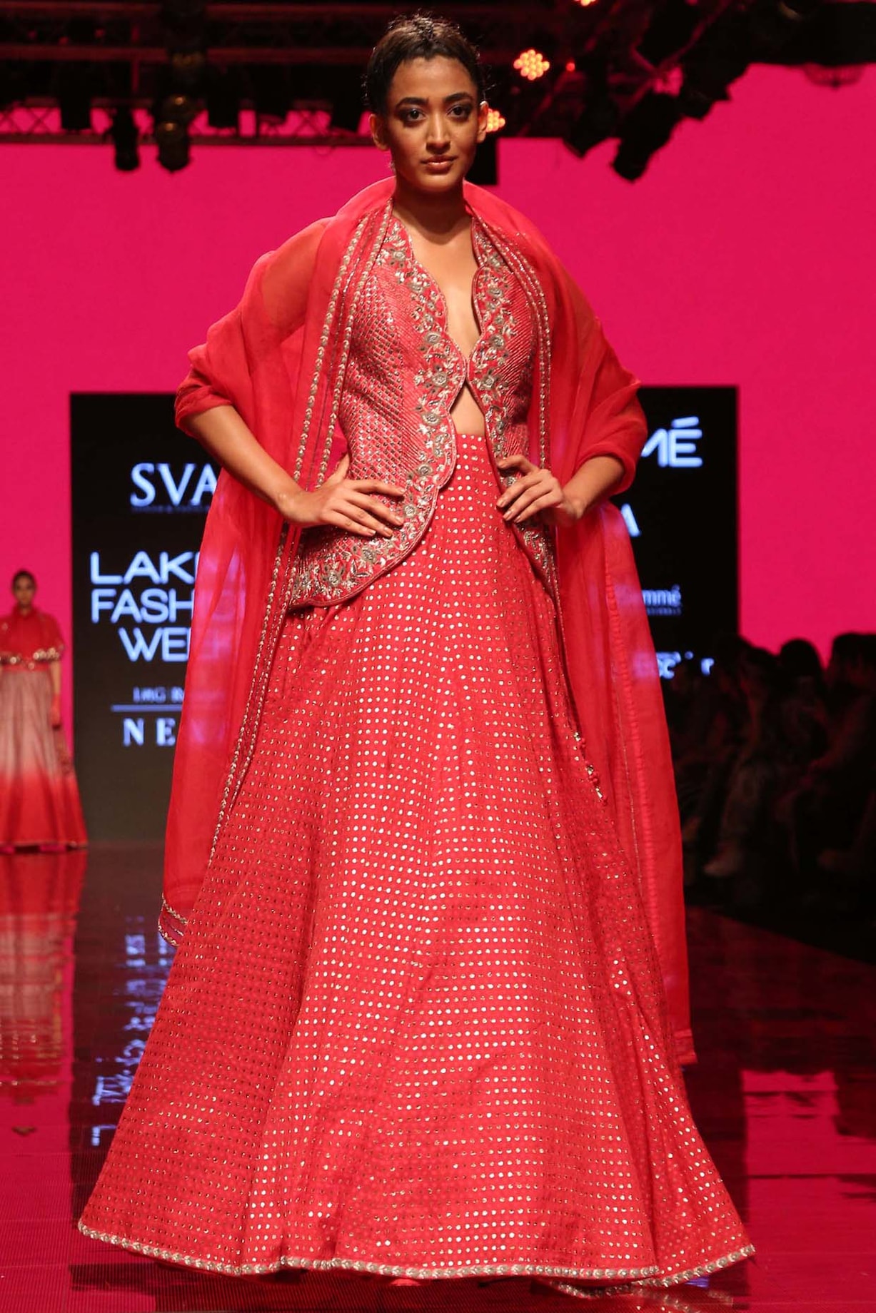 Strawberry Pink Embroidered Jacket Lehenga Set by SVA BY SONAM & PARAS ...