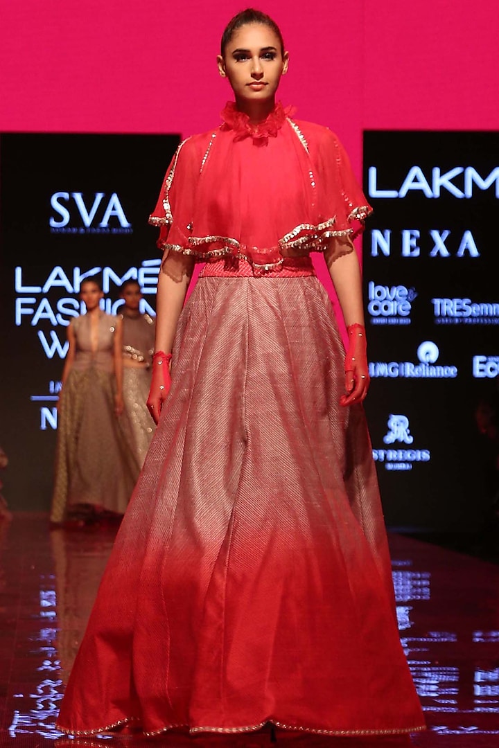 Strawberry Pink Embroidered Crop Top With Lehenga Skirt by SVA BY SONAM & PARAS MODI