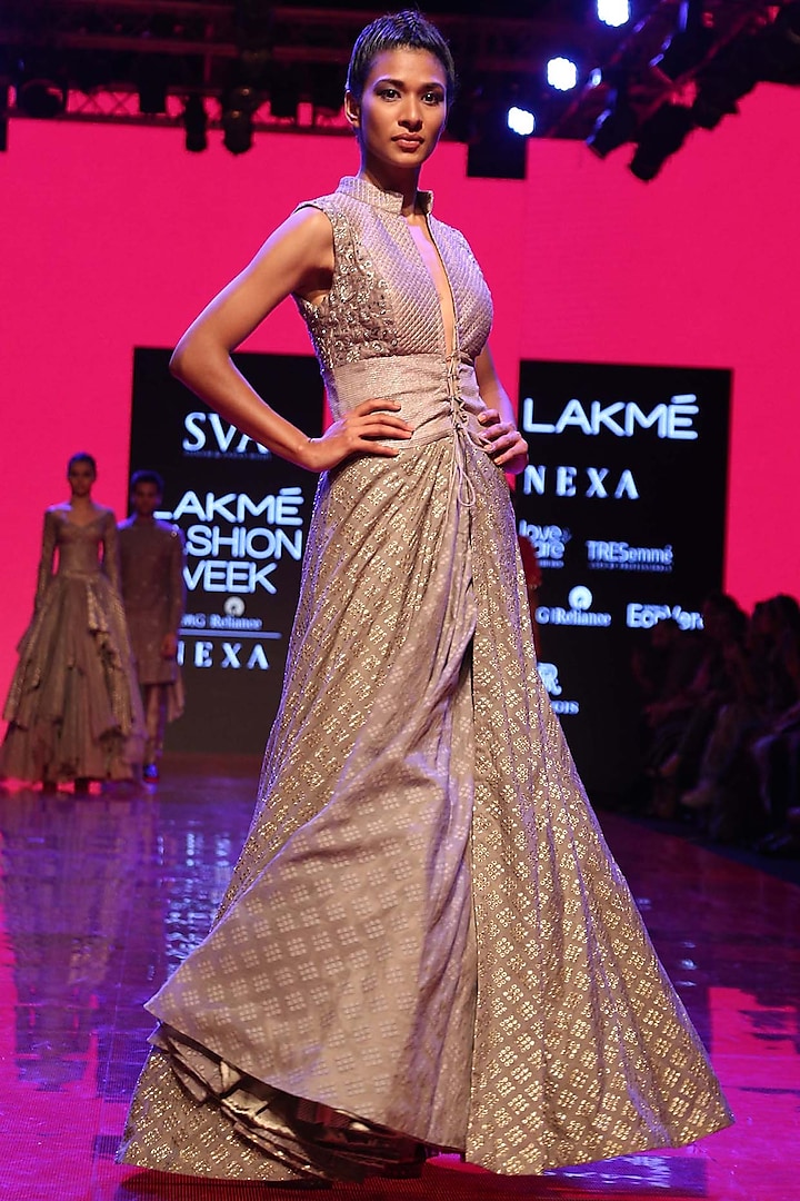 Grey Embroidered Corset Jacket With Lehenga Skirt by SVA BY SONAM & PARAS MODI