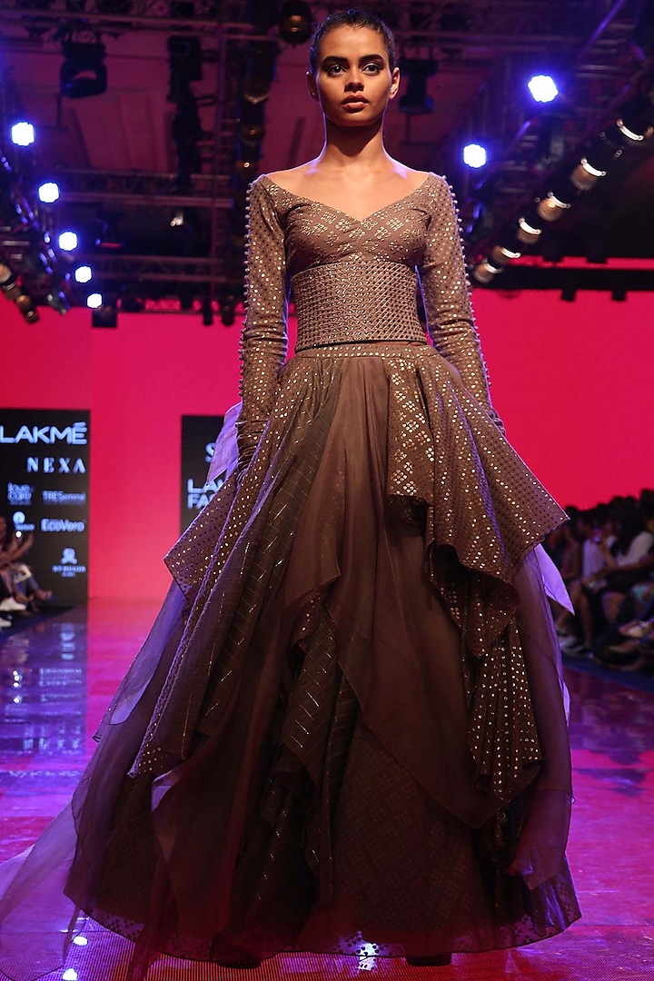 Grey Embroidered Layered Lehenga Skirt With Blouse & Corset by SVA BY SONAM & PARAS MODI