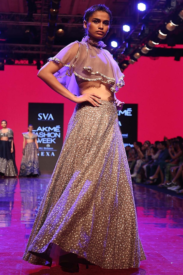 Grey Embroidered Crop Top With Lehenga Skirt by SVA BY SONAM & PARAS MODI