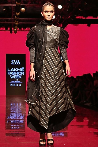 Black Embroidered Angrakha Anarkali Set by SVA BY SONAM & PARAS MODI