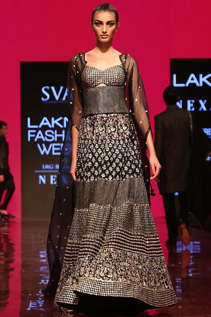 Black Embroidered Cape Lehenga Set With Corset Design by SVA BY SONAM ...