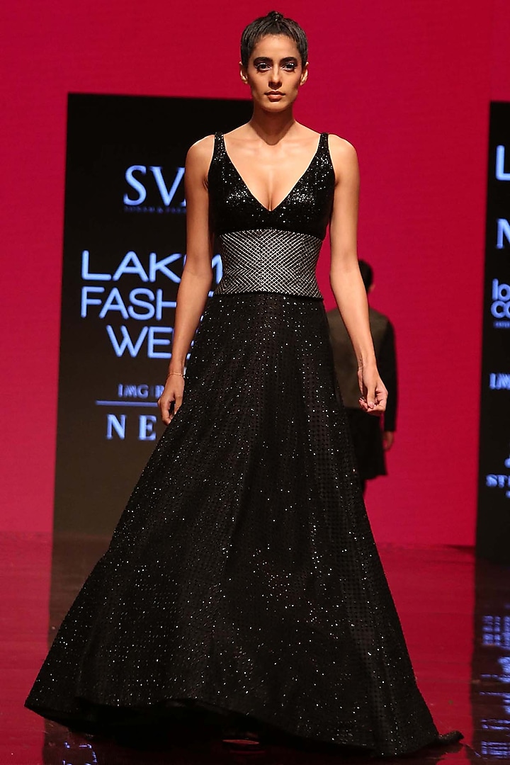 Black Embroidered Blouse With Lehenga Skirt & Corset by SVA BY SONAM & PARAS MODI