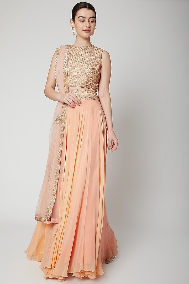 Peach Embroidered Wedding Lehenga Set by SVA BY SONAM & PARAS MODI at Pernia's Pop Up Shop