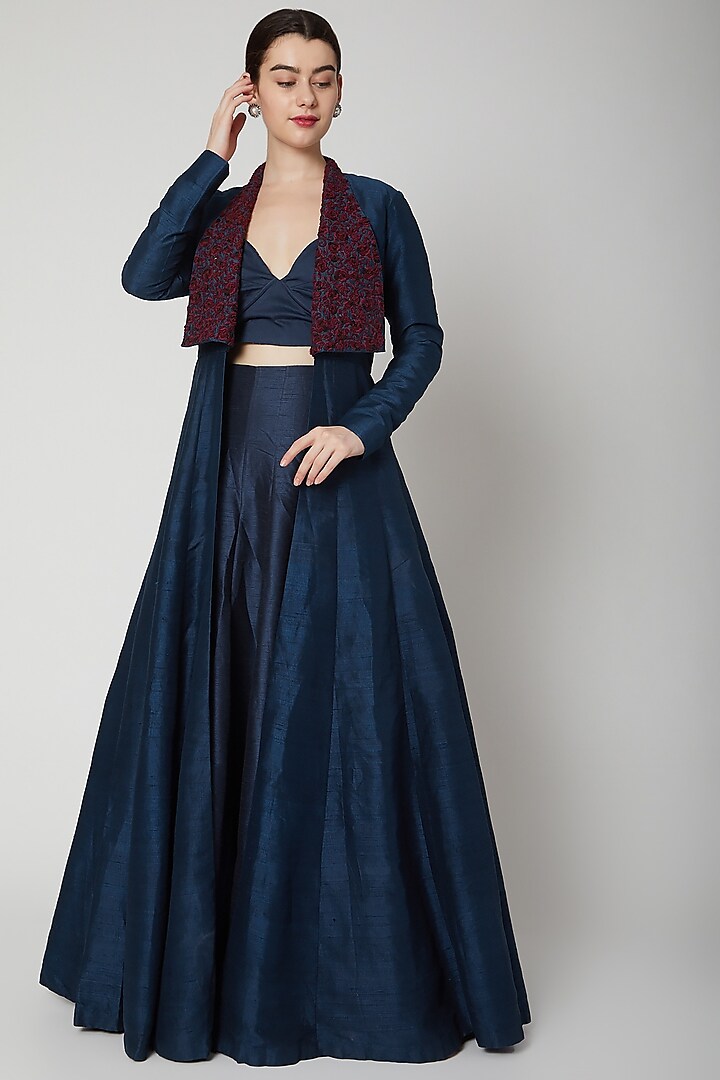 Navy Blue Embroidered Jacket With Shawl Collar by SVA BY SONAM & PARAS MODI