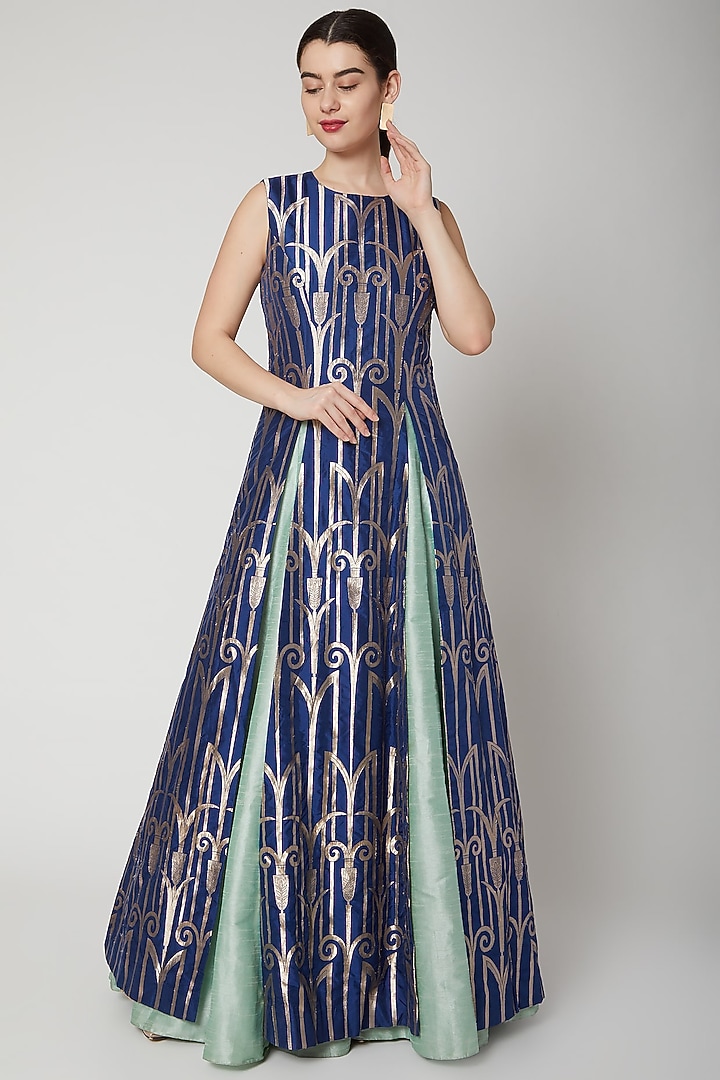 Midnight Blue Brocade Kurta Set by SVA BY SONAM & PARAS MODI at Pernia's Pop Up Shop