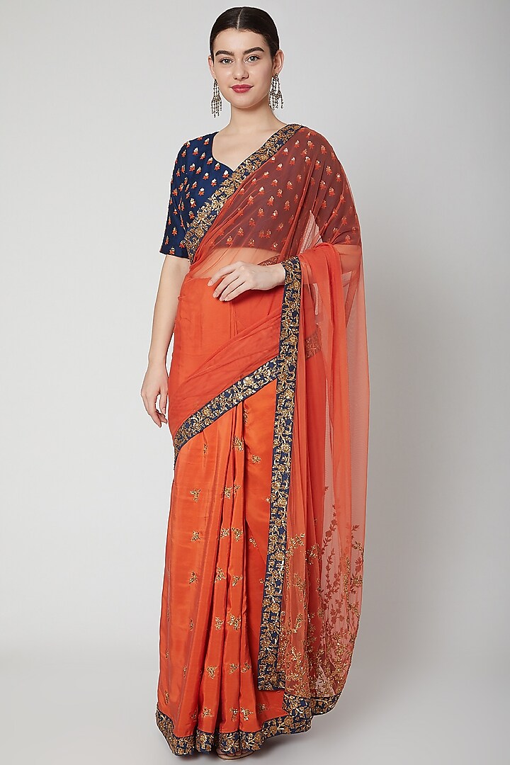 Orange & Blue Embroidered Saree Set by SVA BY SONAM & PARAS MODI