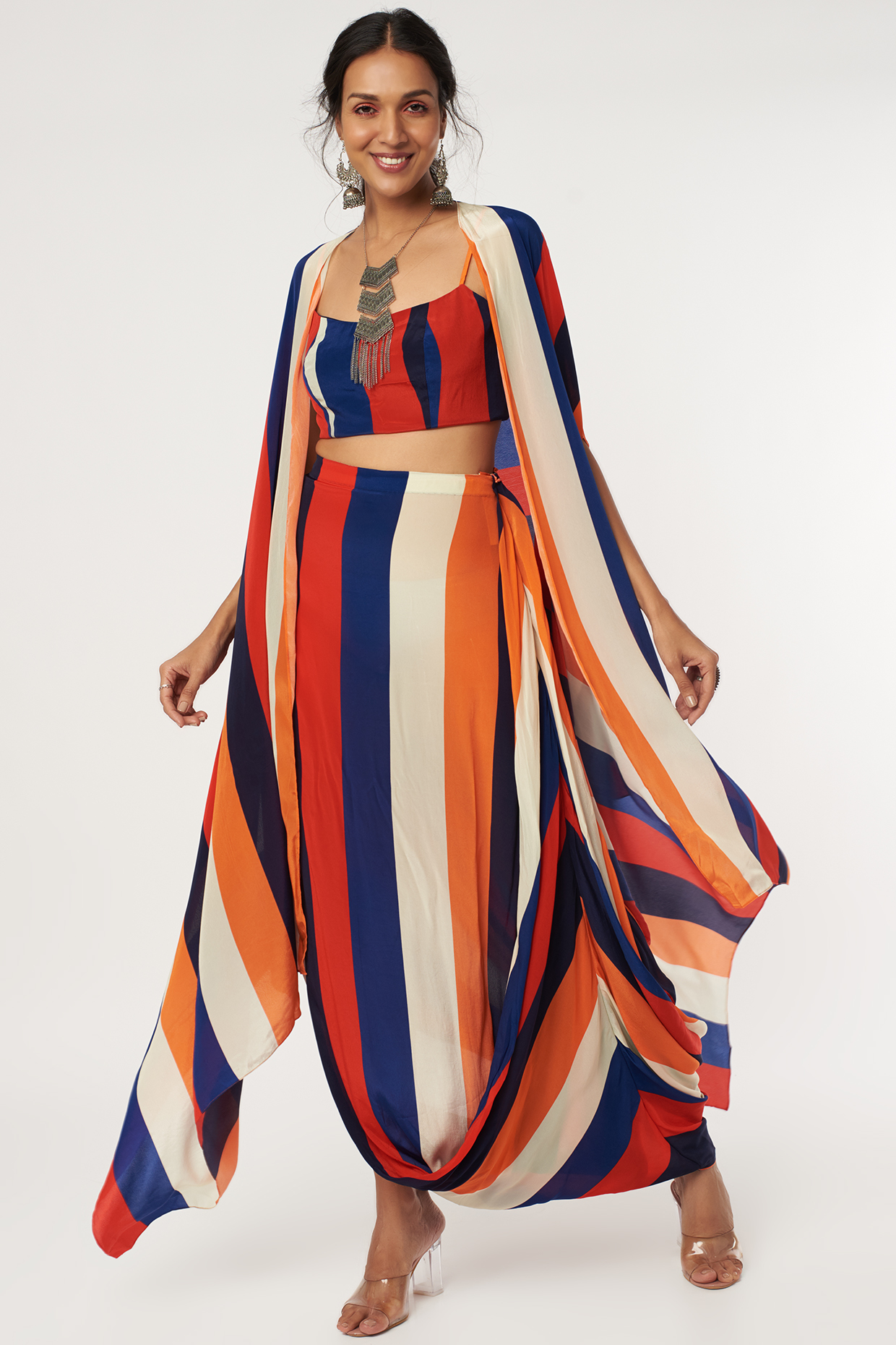 Multi-Colored Crepe Silk Stripe Printed Cape Set by Sva By Sonam & Paras Modi at Pernia's Pop Up Shop