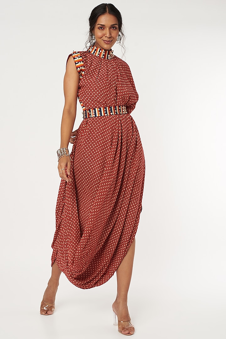 Red Printed Draped Dress With Belt by SVA BY SONAM & PARAS MODI at Pernia's Pop Up Shop