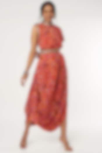 Orange Printed Draped Dress With Belt by SVA BY SONAM & PARAS MODI