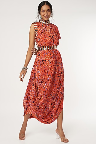 Orange Printed Draped Dress With Belt by SVA BY SONAM & PARAS MODI