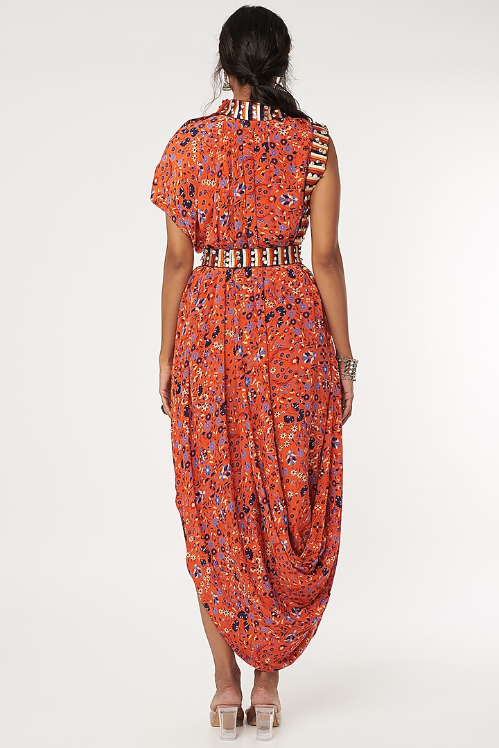 Orange Printed Draped Vacation Dress With Belt by SVA BY SONAM & PARAS MODI at Pernia's Pop Up Shop