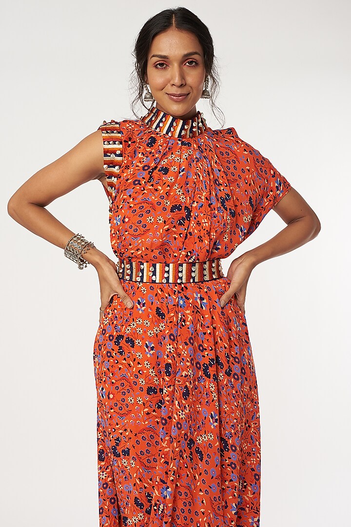 Orange Printed Draped Vacation Dress With Belt by SVA BY SONAM & PARAS MODI at Pernia's Pop Up Shop