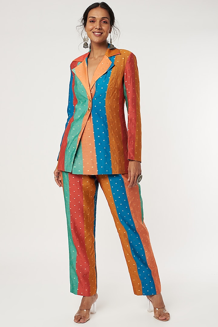 Orange Banarasi Silk Blazer Set by SVA BY SONAM & PARAS MODI