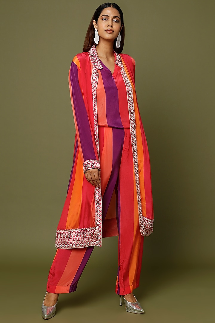 Multi-Colored Printed & Embroidered Jacket Set by Sva By Sonam & Paras Modi