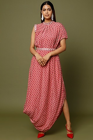 Red Printed Draped Dress by Sva By Sonam & Paras Modi