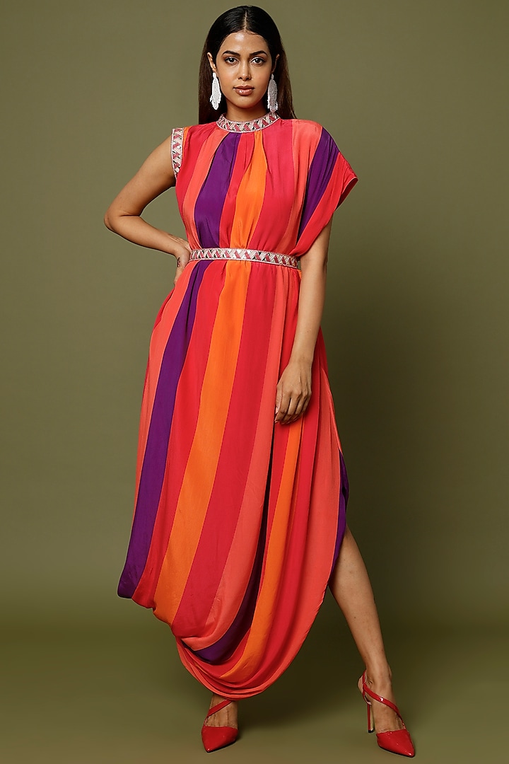 Multi-Colored Striped Draped Dress by Sva By Sonam & Paras Modi