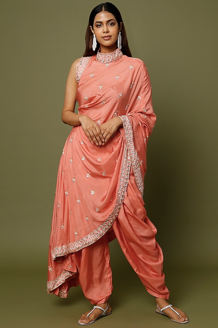 Peach Embellished Draped Saree Set by Sva By Sonam & Paras Modi