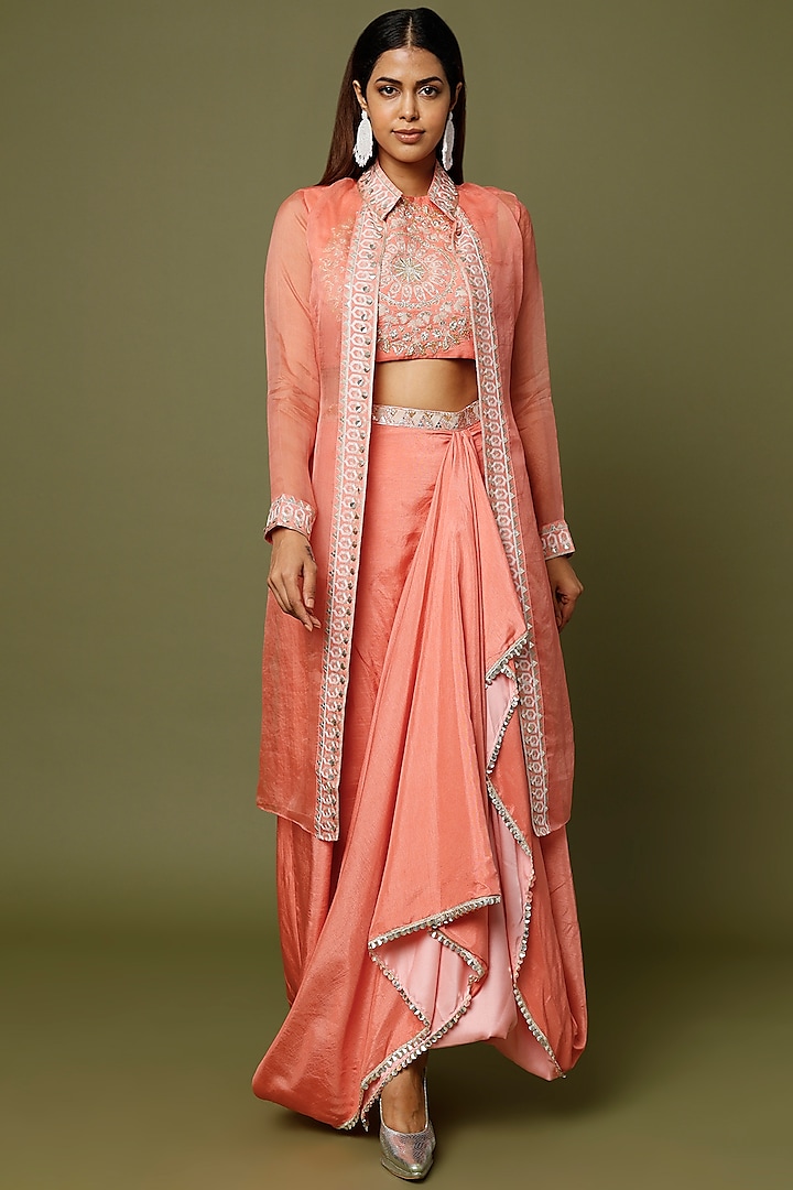 Peach Embroidered Jacket Set by Sva By Sonam & Paras Modi