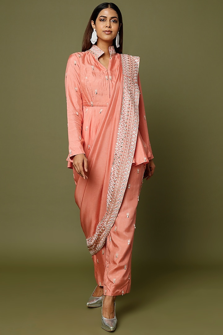 Peach Embroidered Pant Set by Sva By Sonam & Paras Modi