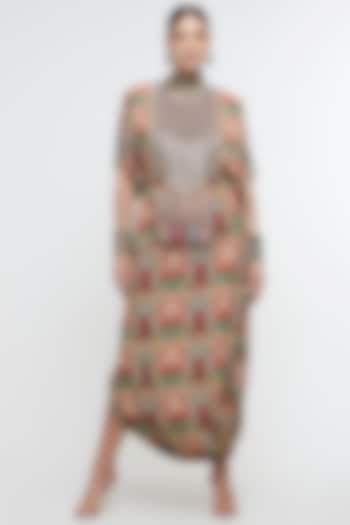 Rust Italian Crepe Floral Printed Draped Skirt Set by SVA BY SONAM & PARAS MODI at Pernia's Pop Up Shop