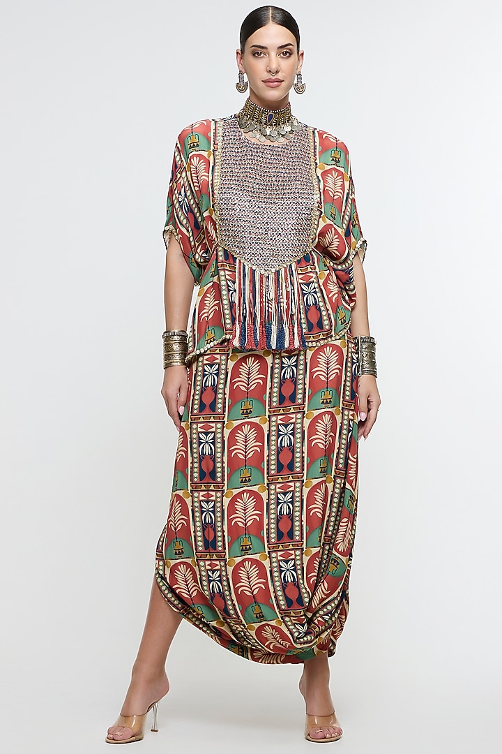 Rust Italian Crepe Floral Printed Draped Skirt Set by SVA BY SONAM & PARAS MODI at Pernia's Pop Up Shop