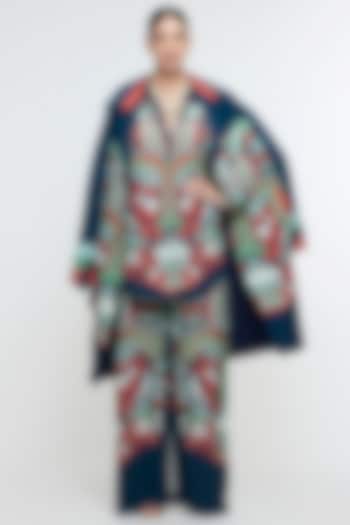 Midnight Blue Crepe Printed Trench Coat by SVA BY SONAM & PARAS MODI at Pernia's Pop Up Shop