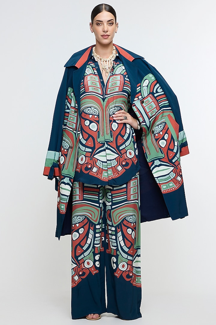 Midnight Blue Crepe Printed Trench Coat by SVA BY SONAM & PARAS MODI at Pernia's Pop Up Shop