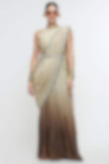 Ivory-Brown Italian Crepe Printed Flared Pant Reception Saree Set by SVA BY SONAM & PARAS MODI at Pernia's Pop Up Shop
