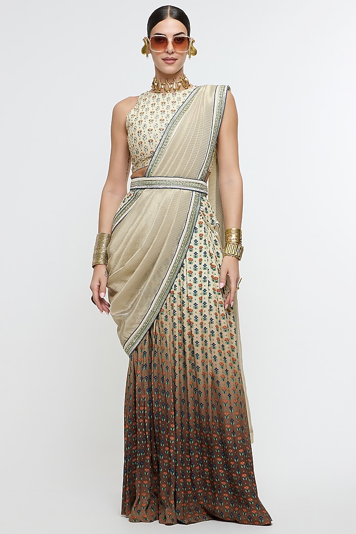 Ivory-Brown Italian Crepe Printed Flared Pant Reception Saree Set by SVA BY SONAM & PARAS MODI at Pernia's Pop Up Shop