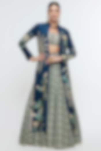 Blue Habutai & Crepe Embroidered Jacket Bridal Lehenga Set by SVA BY SONAM & PARAS MODI at Pernia's Pop Up Shop