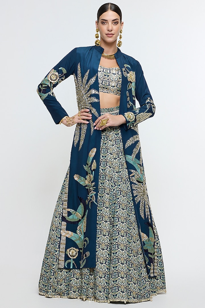 Blue Habutai & Crepe Embroidered Jacket Bridal Lehenga Set by SVA BY SONAM & PARAS MODI at Pernia's Pop Up Shop