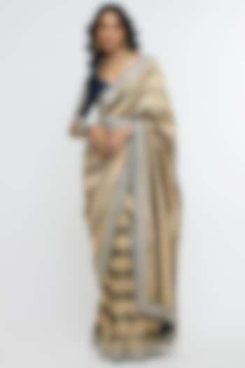 Metallic & Blue Striped Crepe Banarasi Embroidered Reception Saree Set by SVA BY SONAM & PARAS MODI at Pernia's Pop Up Shop